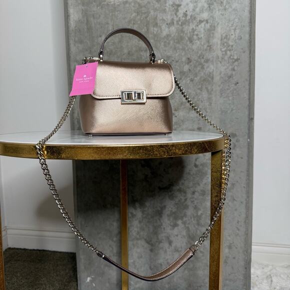 Kate Spade Rose Gold Top Handle Mini Satchel in Metallic Saffia Glittering - Picture 7 of 14